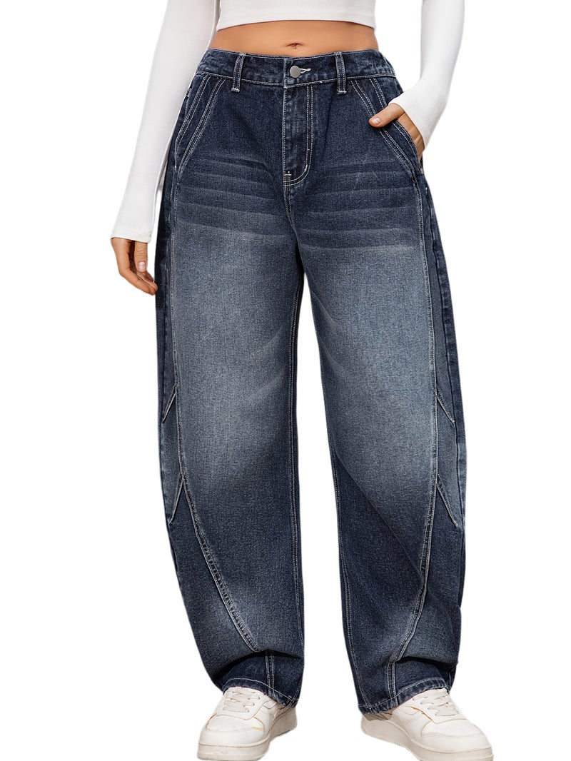 Women'S Fashion Trendy Non-Stretch Half-Elastic Denim Loose Curved Trousers, Women'S Easy Curved Dark Blue Long Pants - Image 1
