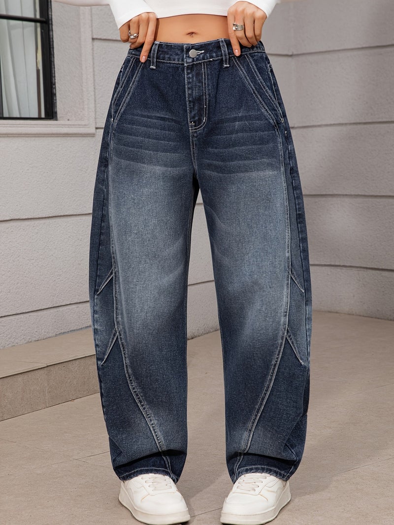 Women'S Fashion Trendy Non-Stretch Half-Elastic Denim Loose Curved Trousers, Women'S Easy Curved Dark Blue Long Pants - Image 5