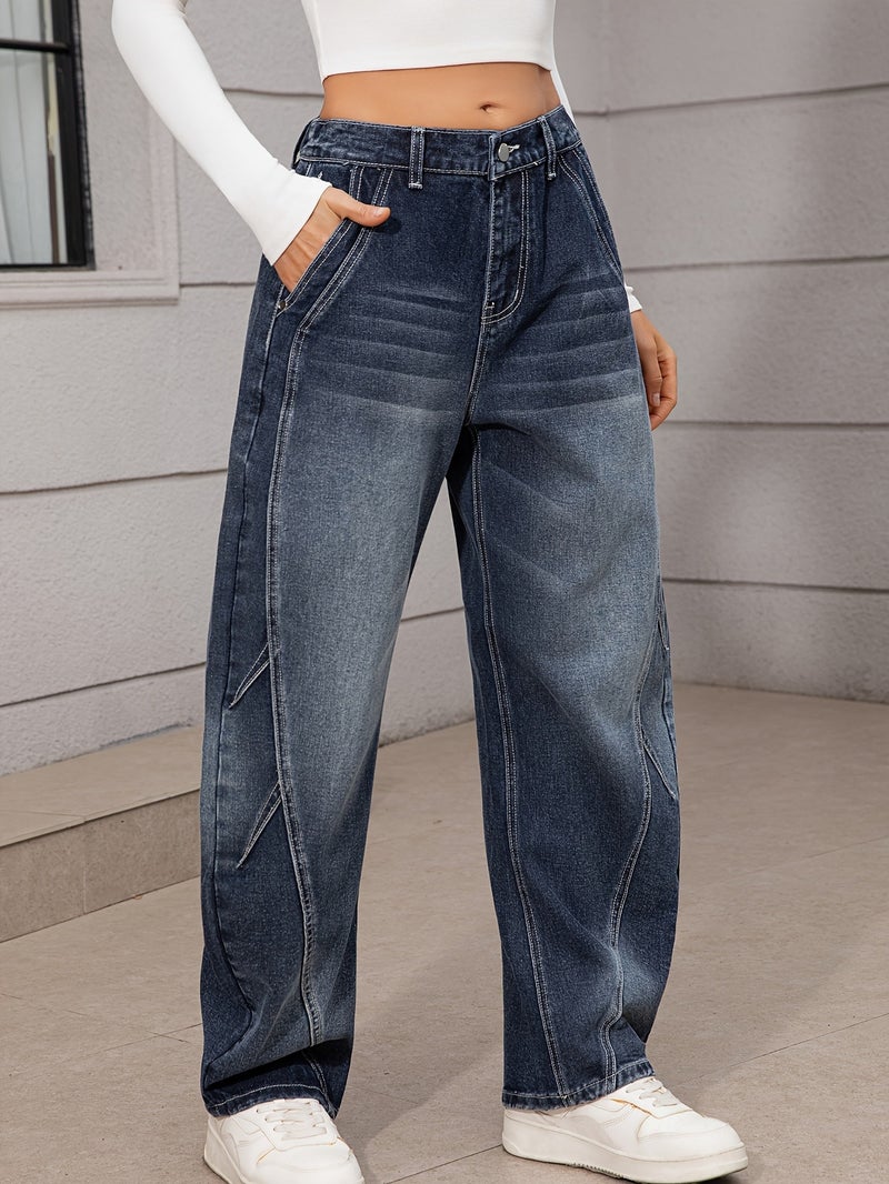Women'S Fashion Trendy Non-Stretch Half-Elastic Denim Loose Curved Trousers, Women'S Easy Curved Dark Blue Long Pants - Image 4