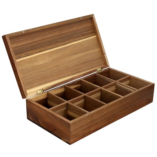 Elama Acacia Wood 14.25 x 7.5 Inch 10 Compartment Tea Box, Tea Bag Organizer, Magnetic Lid, Kitchen Storage - Image 2