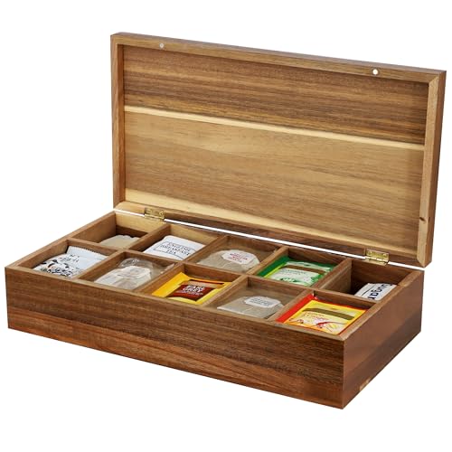 Elama Acacia Wood 14.25 x 7.5 Inch 10 Compartment Tea Box, Tea Bag Organizer, Magnetic Lid, Kitchen Storage - Image 1