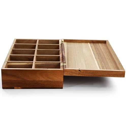 Elama Acacia Wood 14.25 x 7.5 Inch 10 Compartment Tea Box, Tea Bag Organizer, Magnetic Lid, Kitchen Storage - Image 4