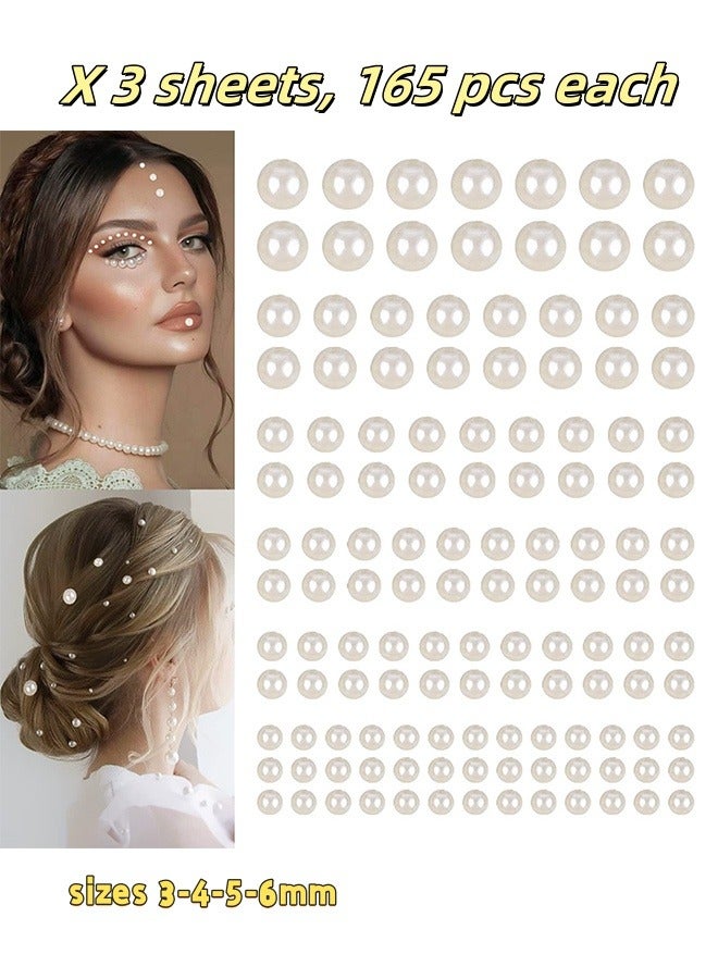 3 Sheets Self-Adhesive Pearl Eyeshadow Stickers (495PCS), 3D White Hair & Face Gems, Multi-Size Pearls for Bridal Makeup, Festival Look & DIY Decorations - Image 1
