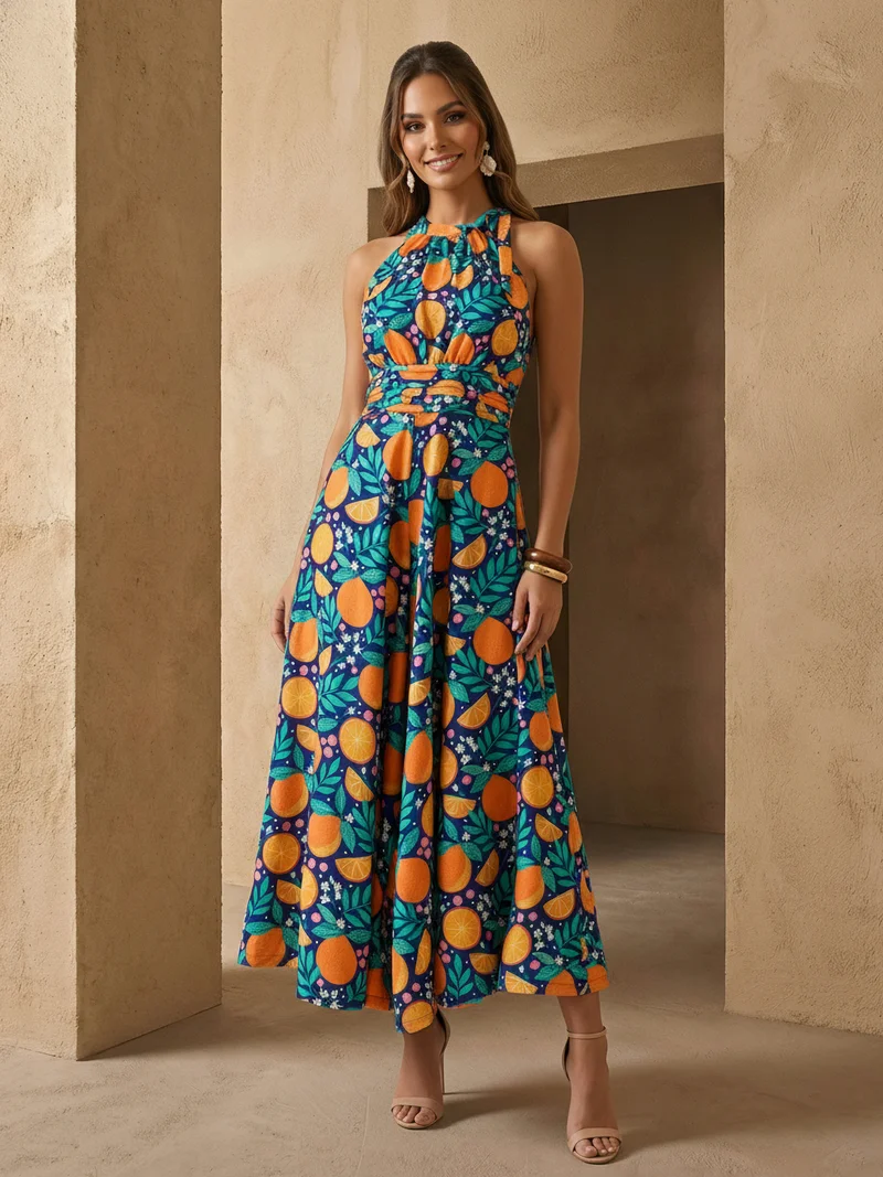 جلو باص Globus Women Navy Blue Halter Neck Tie-Up Detail Gathered & Pleated Flared Hem Fusion Jumpsuit