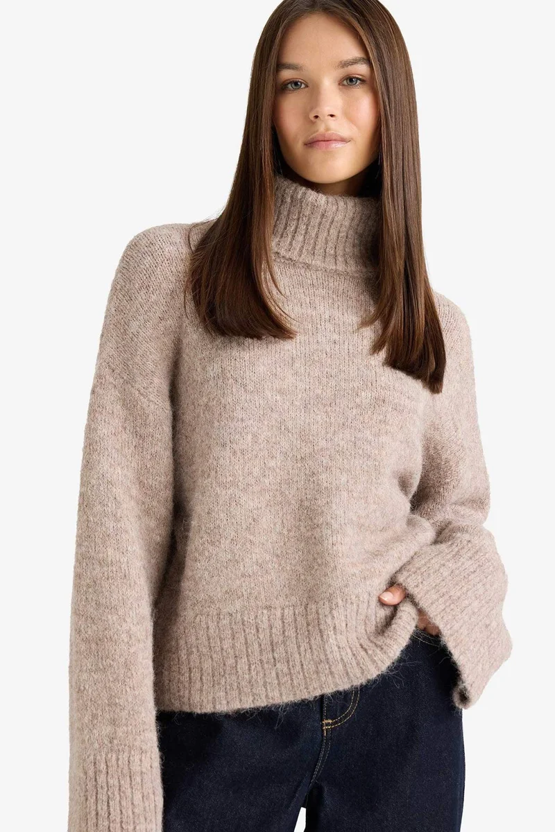 DeFacto Wool Blend Turtleneck Oversize Fit Knit Pullover