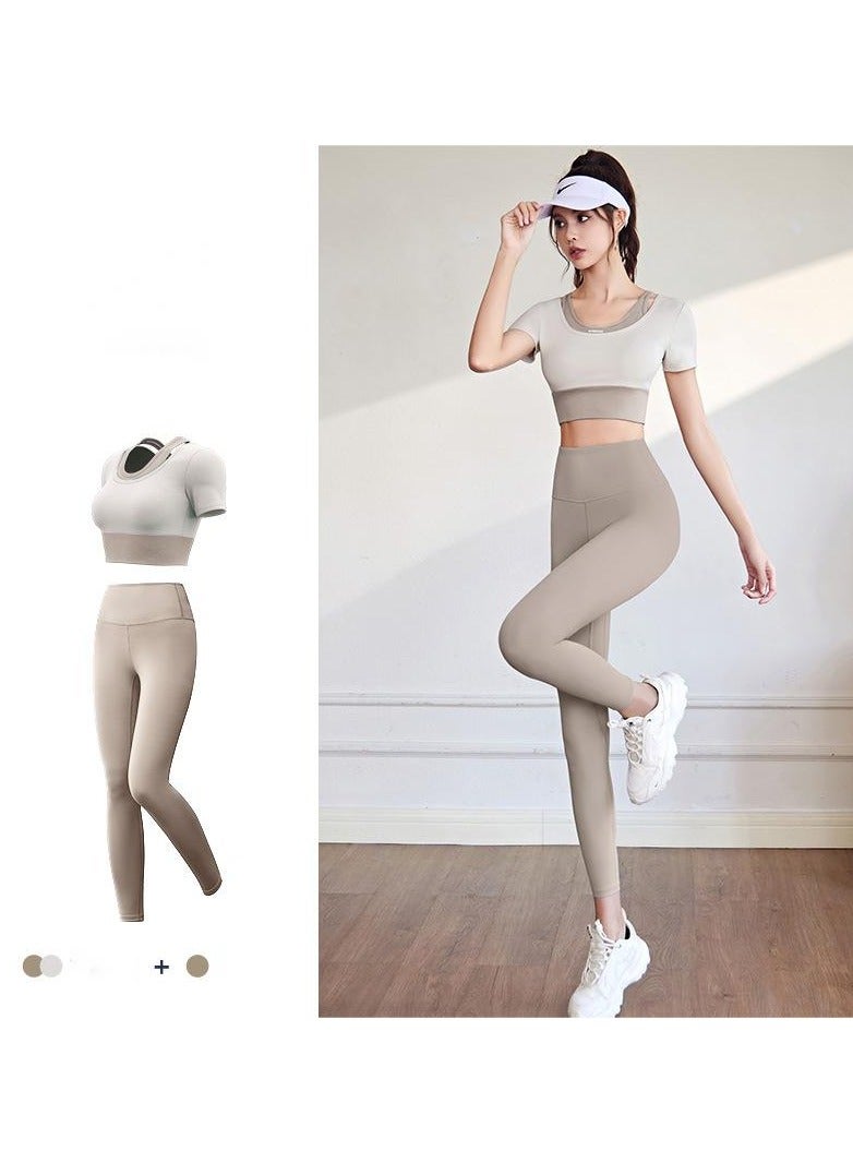 Generic Women's High-Waisted Yoga Pants With Short Sleeves, Breathable Belly Control Yoga Leggings With Short Sleeve Set Exercise, Gym, Sports, Outdoors  - Image 1