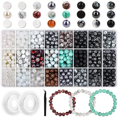PAXCOO 840pcs 8mm Glass Beads - 24 Colors, Round Marble Loose Beads for Men Women Bracelet Earring Necklace Jewelry Making Supplies - Image 1