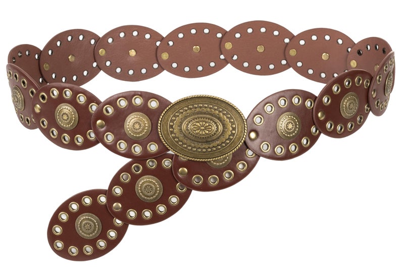 Mealah Wide Disc Belt for Women - PU Leather Hollow Out Round Belts Vintage Western Cowboy Cowgirl Waist Belt (Dark Brown, For 31"-34" Waist) - Image 1