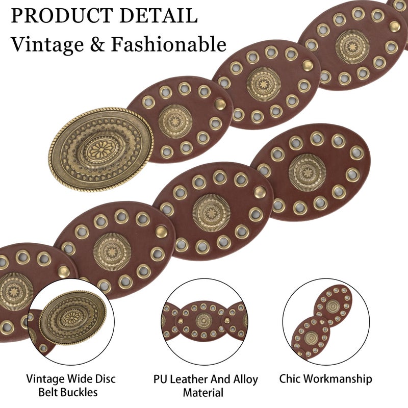 Mealah Wide Disc Belt for Women - PU Leather Hollow Out Round Belts Vintage Western Cowboy Cowgirl Waist Belt (Dark Brown, For 31"-34" Waist) - Image 2