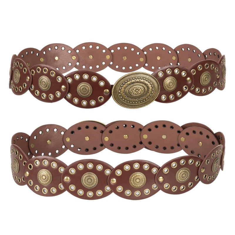 Mealah Wide Disc Belt for Women - PU Leather Hollow Out Round Belts Vintage Western Cowboy Cowgirl Waist Belt (Dark Brown, For 31"-34" Waist) - Image 4