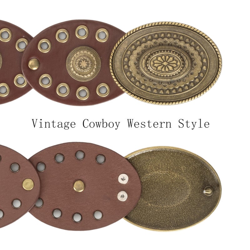 Mealah Wide Disc Belt for Women - PU Leather Hollow Out Round Belts Vintage Western Cowboy Cowgirl Waist Belt (Dark Brown, For 31"-34" Waist) - Image 3