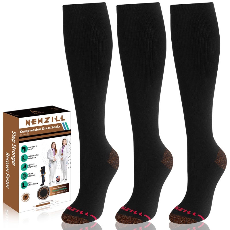 NEWZILL 3 Pairs Copper Compression Socks for Women Men 1520mmHg Cotton Rich Odor Control Dress Socks for Business Casual Running Medical Athletic Support Edema Diabetic Relief Black XXL
