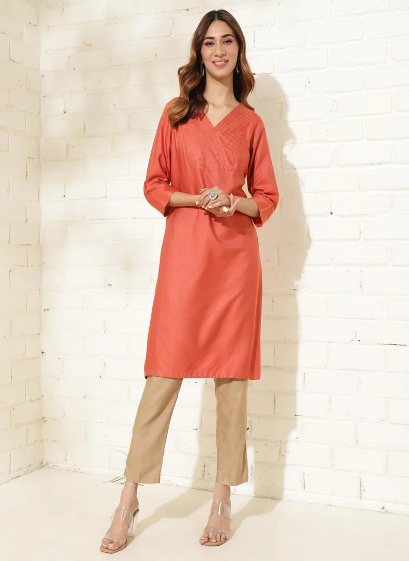 Fabindia Orange Viscose Silk Embroidered Knee Length Kurta