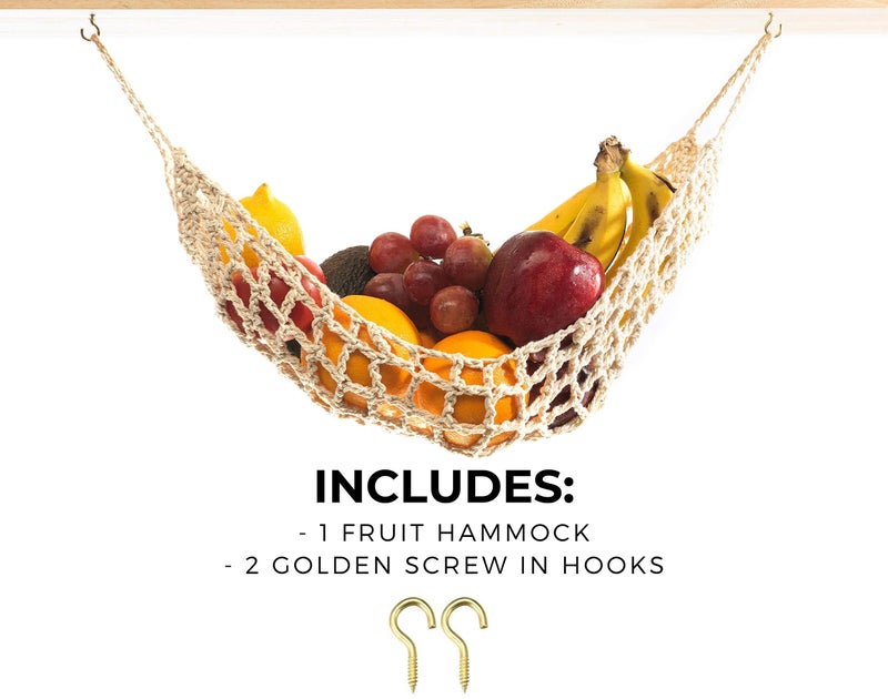 Nomnu Hanging Fruit Hammock Under Cabinet - 1 Macrame Fruit Hammock with 2PCS Hooks - Handwoven Cotton Basket Storage for Produce, Banana - Boho Kitchen Decor for More Counter Space at Home Boat Camper RV - Image 4