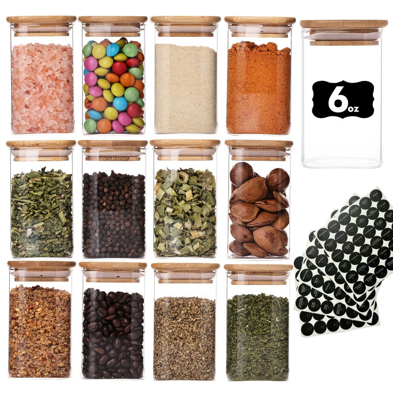 ويلز برطمانات توابل زجاجية سعة 6 أونصات مع غطاء من الخيزران وملصق، عبوة من 12 زجاجة توابل مربعة، حاويات تخزين طعام صغيرة للمطبخ، برطمان توابل شفاف فارغ للسكر والملح وحبوب البن والأعشاب، مصنوع من زجاج البوروسيليكات - Image 1