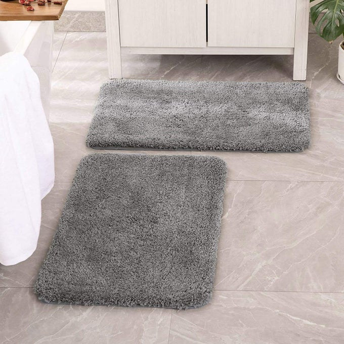 SET OF 2 NON SLIP SHAGGY BATHROOM RUGS EXTRA THICK SOFT BATH MATS PLUSH MICROFIBER ABSORBENT WATER FOR TUB SHOWER MACHINE WASHABLE GREY 20X30 INCHES