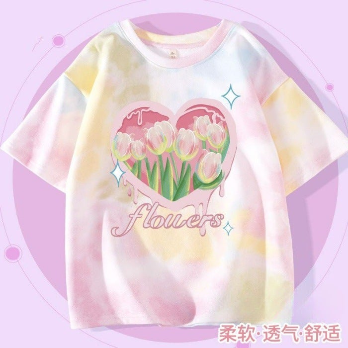 2026 New Style Girls' Short-Sleeved Ice Silk T-Shirt, Summer Children'S Trendy Tie-Dye Summer Wear, Korean Style Loose T-Shirt For Older Children - Image 1