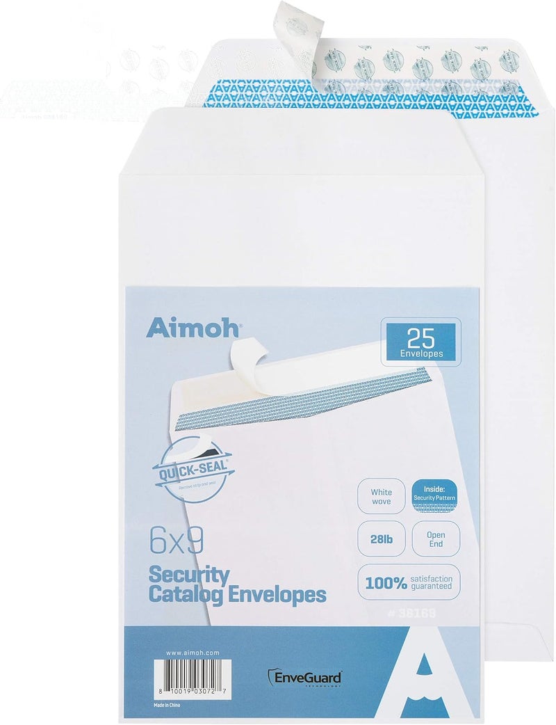 Aimoh 25 6 x 9 Self-Seal Security White Catalog Envelopes - 28lb, 25 Count, Security Tinted, Ultra Strong Quick-Seal, 6x9 inch (38169) - Image 1