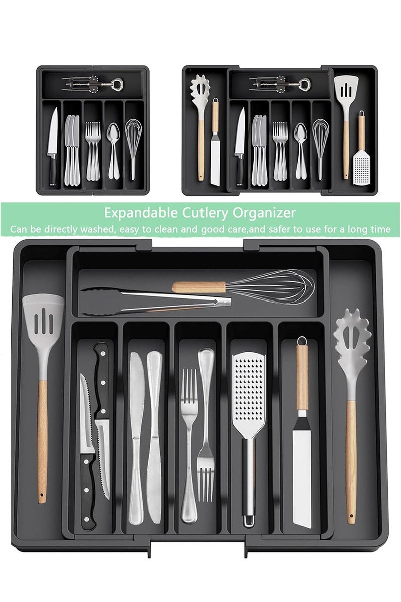 Yoawllty Utensils Organizer, Adjustable Utensils Tray Organizer, Expandable Cutlery Holder for Kitchen, Plastic Cutlery Tray for Spoons, Forks, Knives(Black) - Image 1