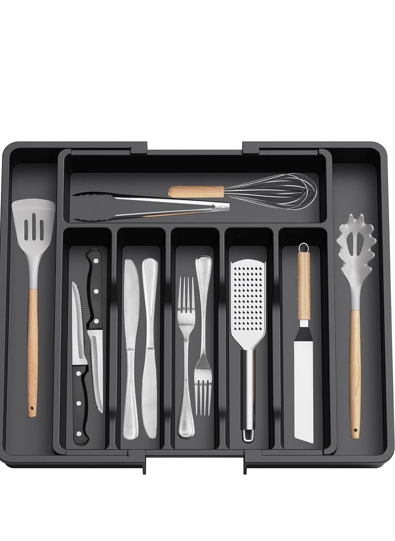 Yoawllty Expandable Cutlery Organizer, Drawer Organizer, Cutlery Holder for Kitchen, Adjustable Utensils Organizer, Large Compact Plastic Cutlery Tray for Spoons Forks Knives (Black)  - Image 1