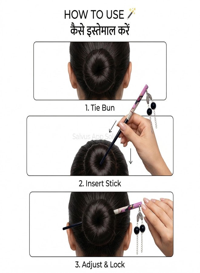 Salvus App SOLUTIONS Wooden Handmade Stylish Multicolor Hair Pin/Bun Stick with Beautiful Hanging for Women & Girls (0.8x18 cm) - Image 5