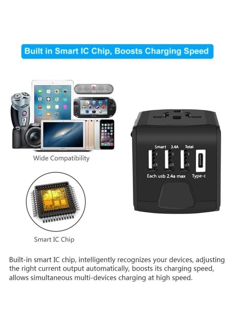 إلترازون Universal Travel Power Adapter with High Speed USB 2.4A, Type-C 3.0A Wall Charger, European Adapter - Worldwide AC Outlet Plugs for Europe, UK, US, AU, Asia (Black) - Image 3