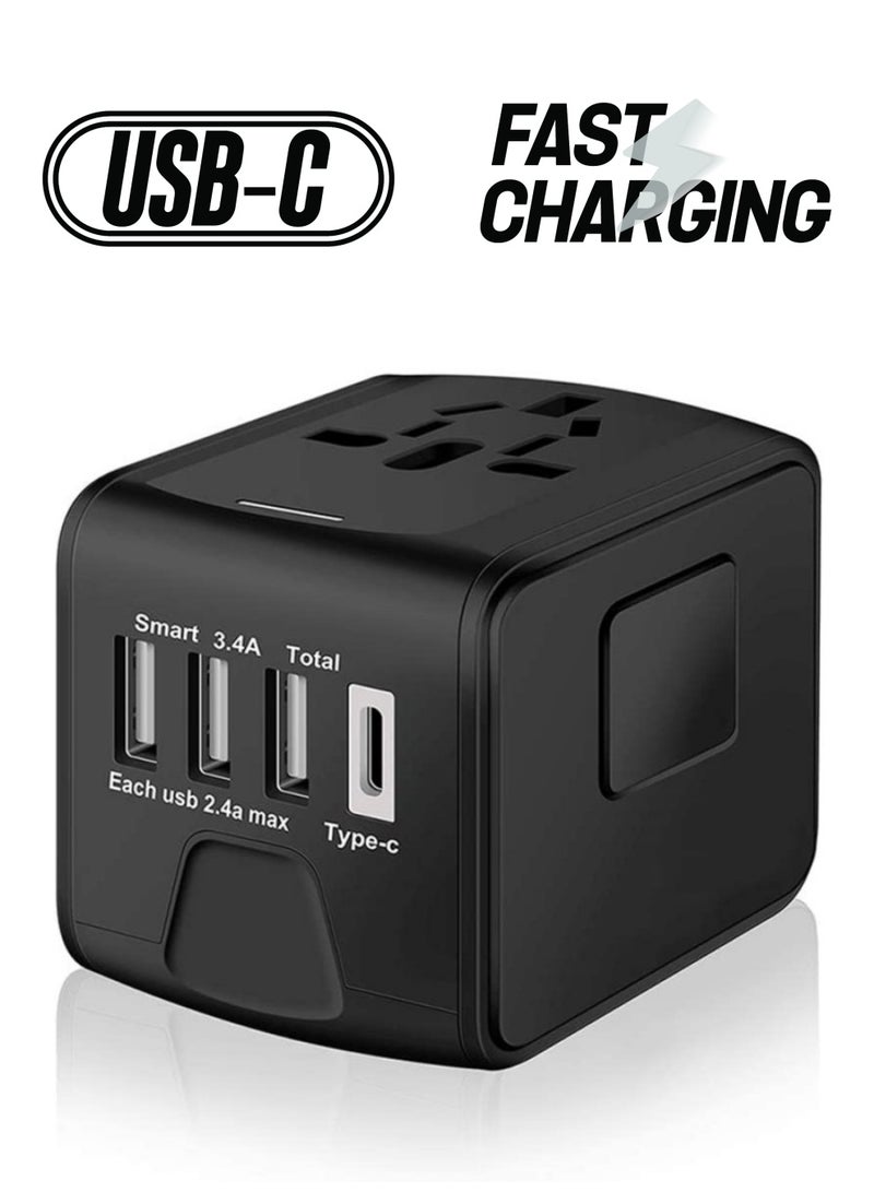 إلترازون Universal Travel Power Adapter with High Speed USB 2.4A, Type-C 3.0A Wall Charger, European Adapter - Worldwide AC Outlet Plugs for Europe, UK, US, AU, Asia (Black) - Image 1