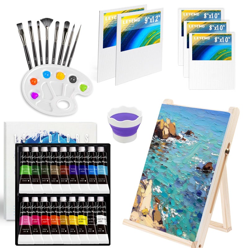 LEYEMO Acrylic Paint Set for Kids, Art Supplies Painting Kit with18 Acrylic Paints, 5 Canvas, 8 Paint Brushes, Easel, Palette ETE, Paint Set Gifts for Adults & Artist - Image 1