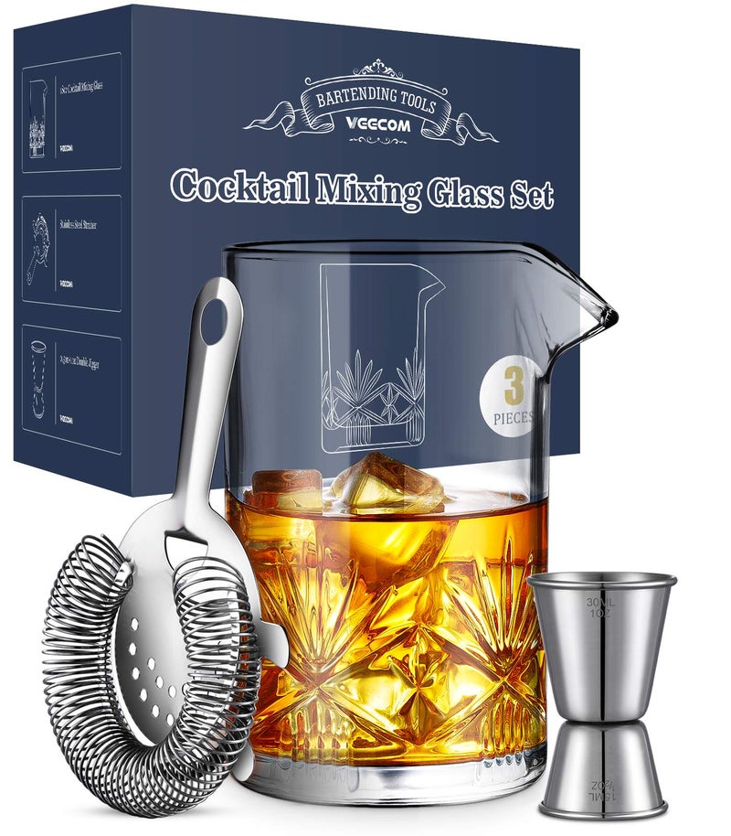 Cocktail Mixing Glass veecom 18oz Crystal Bartender Kit 3 Piece Old Fashioned Cocktail Set with Strainer Jigger Bar Tools Cocktail Shaker Set Cocktail Mixer Stirring Glass