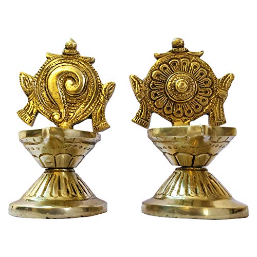 GURU JEE™ Brass Shankh and Chakra Diya for Puja Aarti Shankha Chakra Villaku Set of 2 Deepam Deepak Traditional Oil Wick Lamp Mandir Temple Home Decor Gifts Showpiece - Image 5