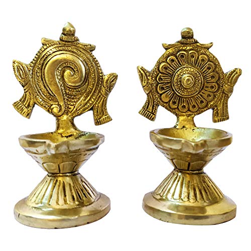 GURU JEE™ Brass Shankh and Chakra Diya for Puja Aarti Shankha Chakra Villaku Set of 2 Deepam Deepak Traditional Oil Wick Lamp Mandir Temple Home Decor Gifts Showpiece - Image 1