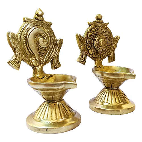 GURU JEE™ Brass Shankh and Chakra Diya for Puja Aarti Shankha Chakra Villaku Set of 2 Deepam Deepak Traditional Oil Wick Lamp Mandir Temple Home Decor Gifts Showpiece - Image 2