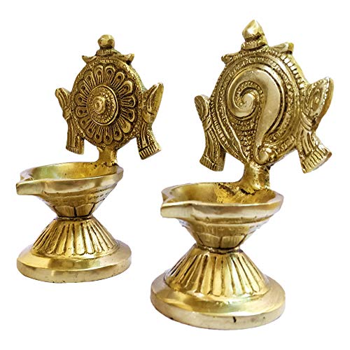 GURU JEE™ Brass Shankh and Chakra Diya for Puja Aarti Shankha Chakra Villaku Set of 2 Deepam Deepak Traditional Oil Wick Lamp Mandir Temple Home Decor Gifts Showpiece - Image 3