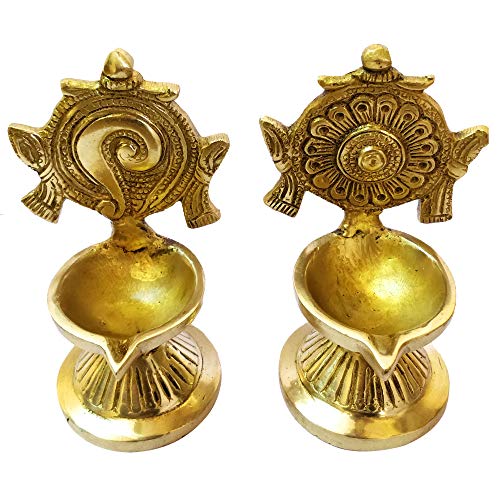 GURU JEE™ Brass Shankh and Chakra Diya for Puja Aarti Shankha Chakra Villaku Set of 2 Deepam Deepak Traditional Oil Wick Lamp Mandir Temple Home Decor Gifts Showpiece - Image 4