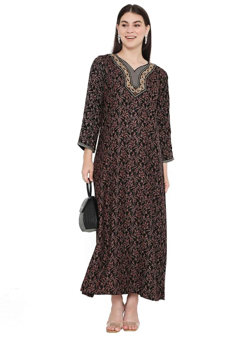 هانا آند سارا LONG VISCOSE PRINTED FRONT NECK EMBROIDERY ARABIC KAFTAN JALABIYA DRESS