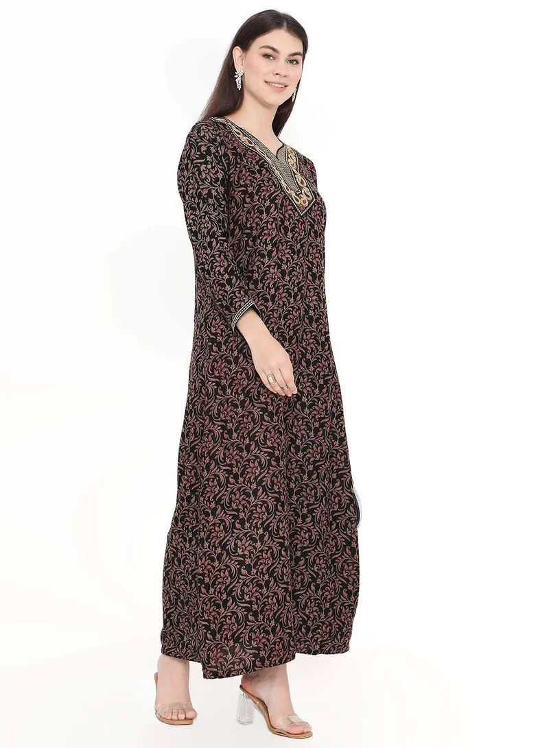 هانا آند سارا LONG VISCOSE PRINTED FRONT NECK EMBROIDERY ARABIC KAFTAN JALABIYA DRESS
