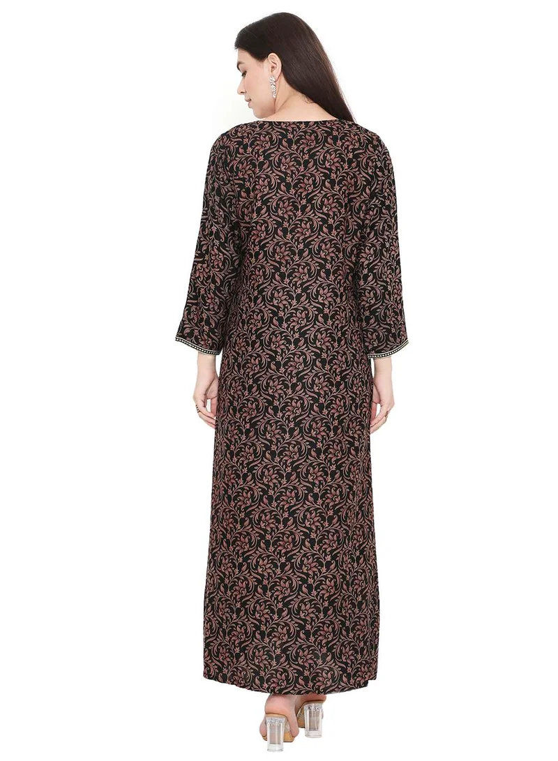 هانا آند سارا LONG VISCOSE PRINTED FRONT NECK EMBROIDERY ARABIC KAFTAN JALABIYA DRESS