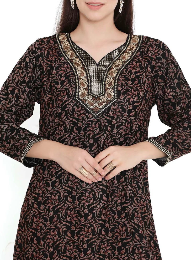 هانا آند سارا LONG VISCOSE PRINTED FRONT NECK EMBROIDERY ARABIC KAFTAN JALABIYA DRESS