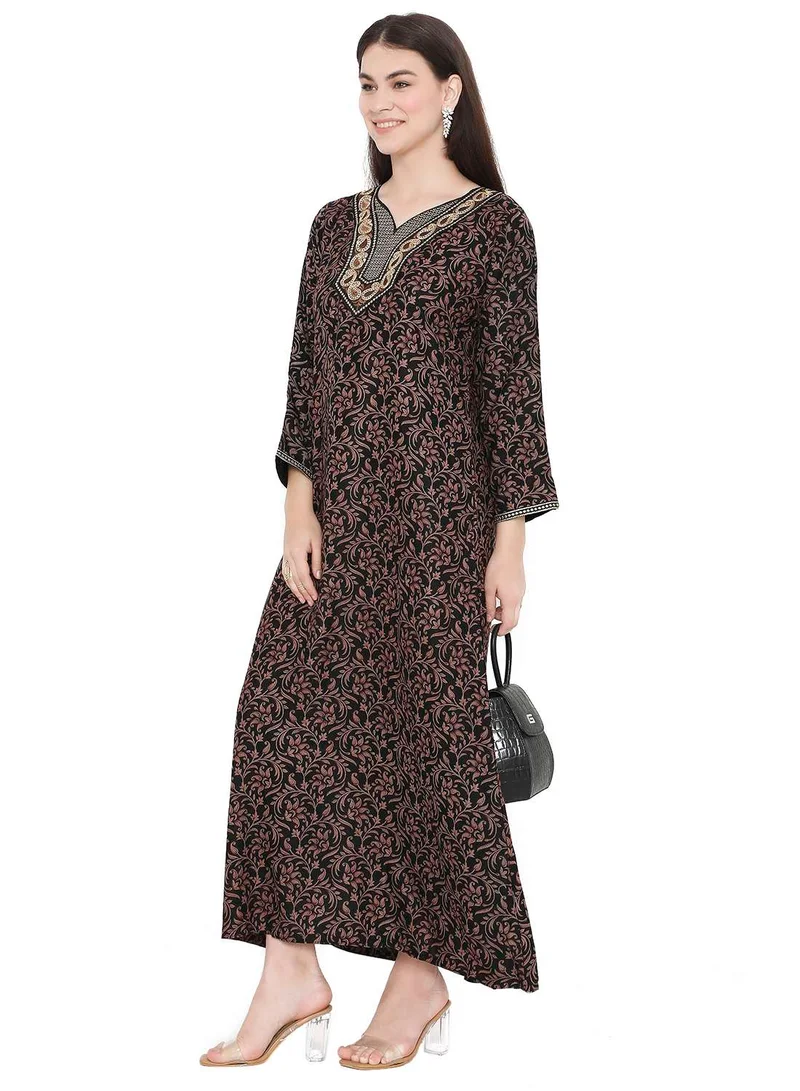 هانا آند سارا LONG VISCOSE PRINTED FRONT NECK EMBROIDERY ARABIC KAFTAN JALABIYA DRESS