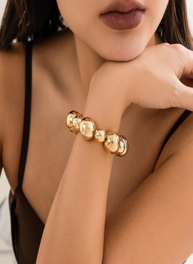 MIFYNN Gold Beaded Bracelet for Women Big Round Ball Beaded Elastic Bracelets Chunky Gold Bracelet Adjustable Stretch Strand Bracelets Fashion Dainty Jewelry for Women (Gold) - Image 2