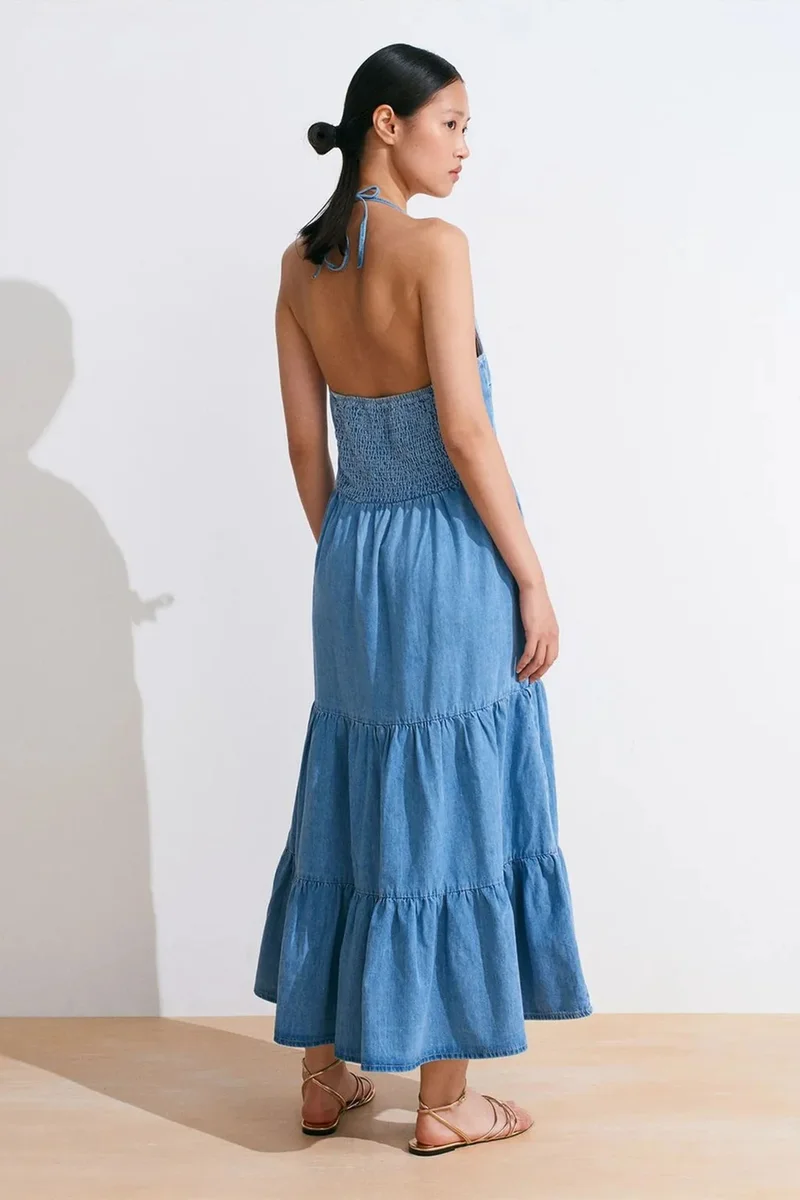 Dilvin Light-Mid Blue Denim DILVIN Women's Cotton Denim Midi Dress for Women | Best Price UAE