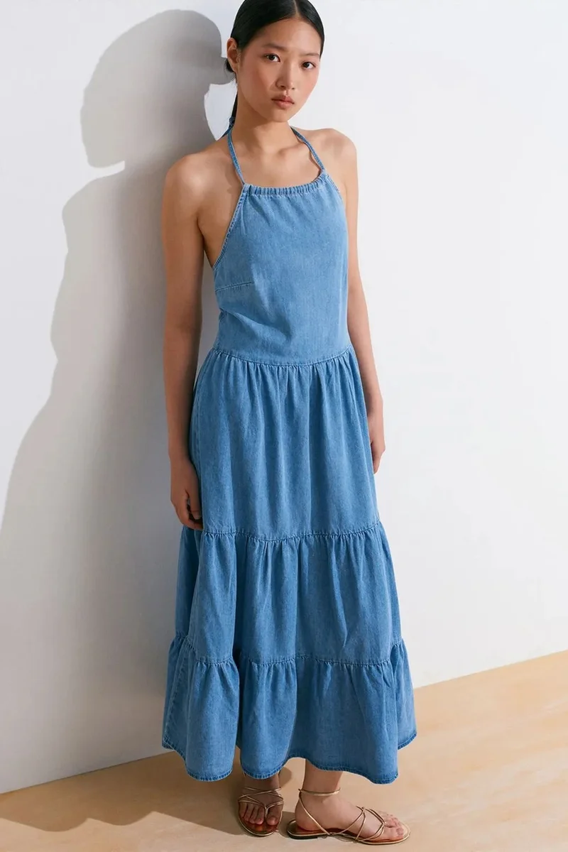 Dilvin Light-Mid Blue Denim DILVIN Women's Cotton Denim Midi Dress for Women | Best Price UAE
