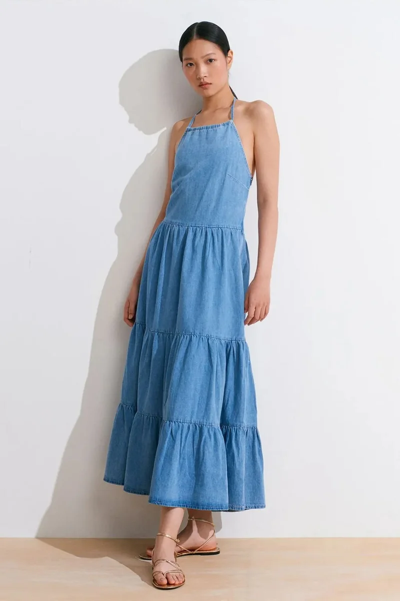 Dilvin Light-Mid Blue Denim DILVIN Women's Cotton Denim Midi Dress for Women | Best Price UAE