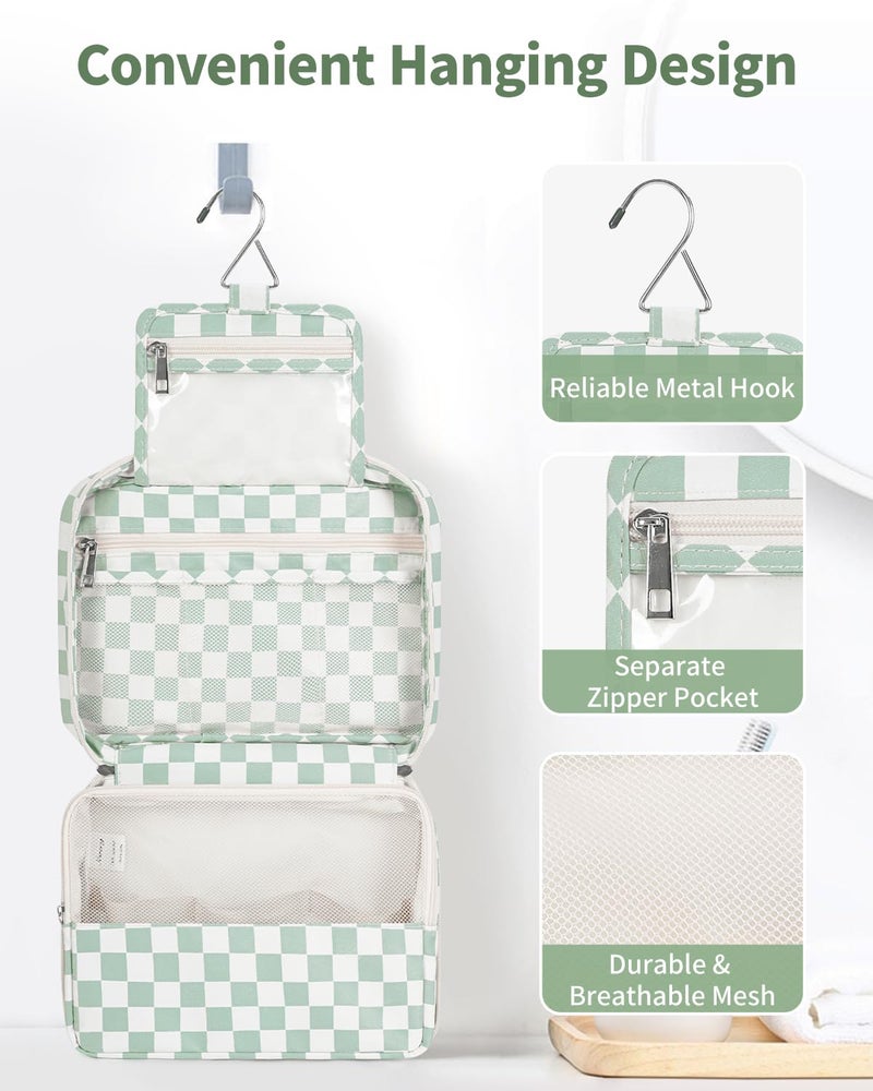 Narwey Small Hanging Travel Toiletry Bag for Women, Travel Bag for Toiletries, Checkered Makeup Bag Organizer Cosmetic Bags Make Up Bags for Girls (Mint Green Checkerboard) - Image 2