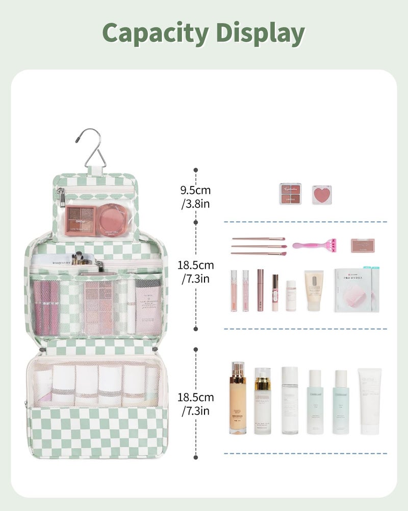 Narwey Small Hanging Travel Toiletry Bag for Women, Travel Bag for Toiletries, Checkered Makeup Bag Organizer Cosmetic Bags Make Up Bags for Girls (Mint Green Checkerboard) - Image 3