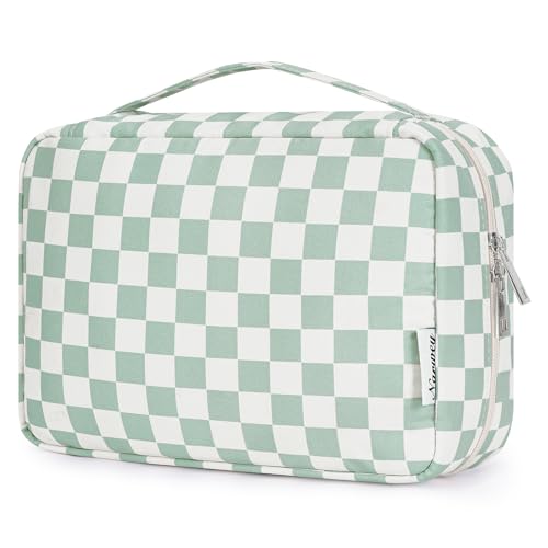 Narwey Small Hanging Travel Toiletry Bag for Women, Travel Bag for Toiletries, Checkered Makeup Bag Organizer Cosmetic Bags Make Up Bags for Girls (Mint Green Checkerboard) - Image 1