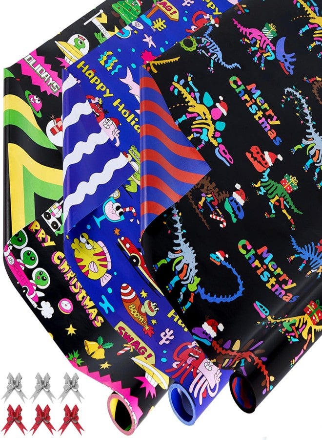 EWES Kids Christmas Wrapping Paper 3 Rolls Set, Black Blue Funny Heavy Duty Premium Gift Wrap, Pattern with Dinosaur,Alien,Marine animals,Stripes Reversible, Total 48.6sq.ft - Image 1