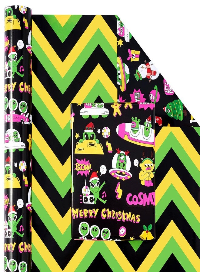 EWES Kids Christmas Wrapping Paper 3 Rolls Set, Black Blue Funny Heavy Duty Premium Gift Wrap, Pattern with Dinosaur,Alien,Marine animals,Stripes Reversible, Total 48.6sq.ft - Image 5