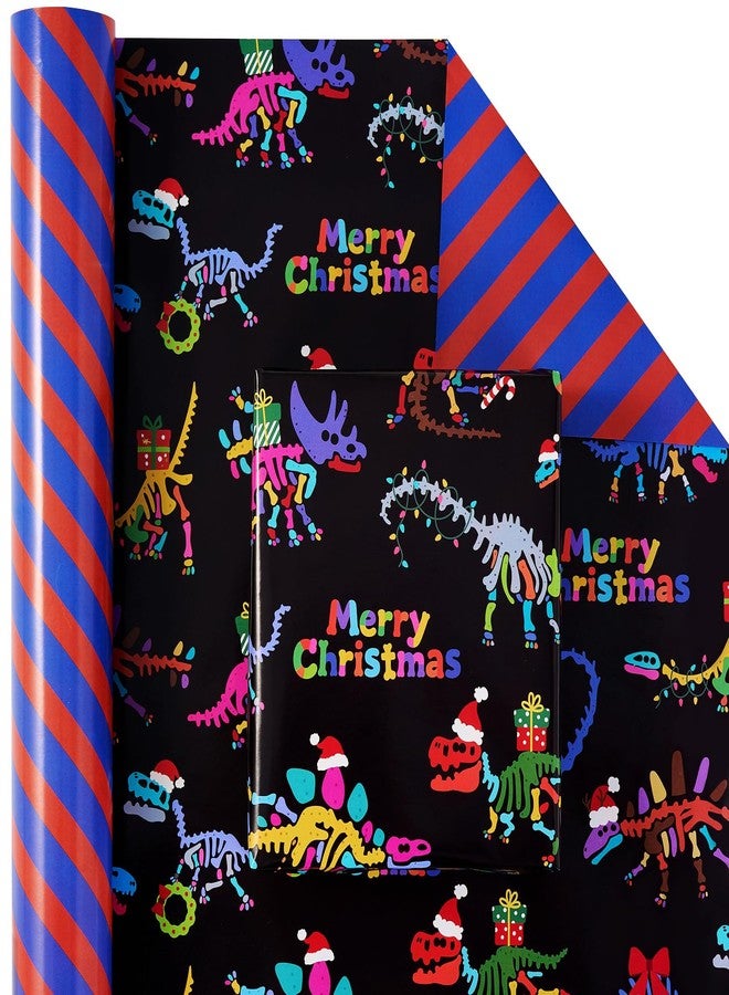 EWES Kids Christmas Wrapping Paper 3 Rolls Set, Black Blue Funny Heavy Duty Premium Gift Wrap, Pattern with Dinosaur,Alien,Marine animals,Stripes Reversible, Total 48.6sq.ft - Image 4
