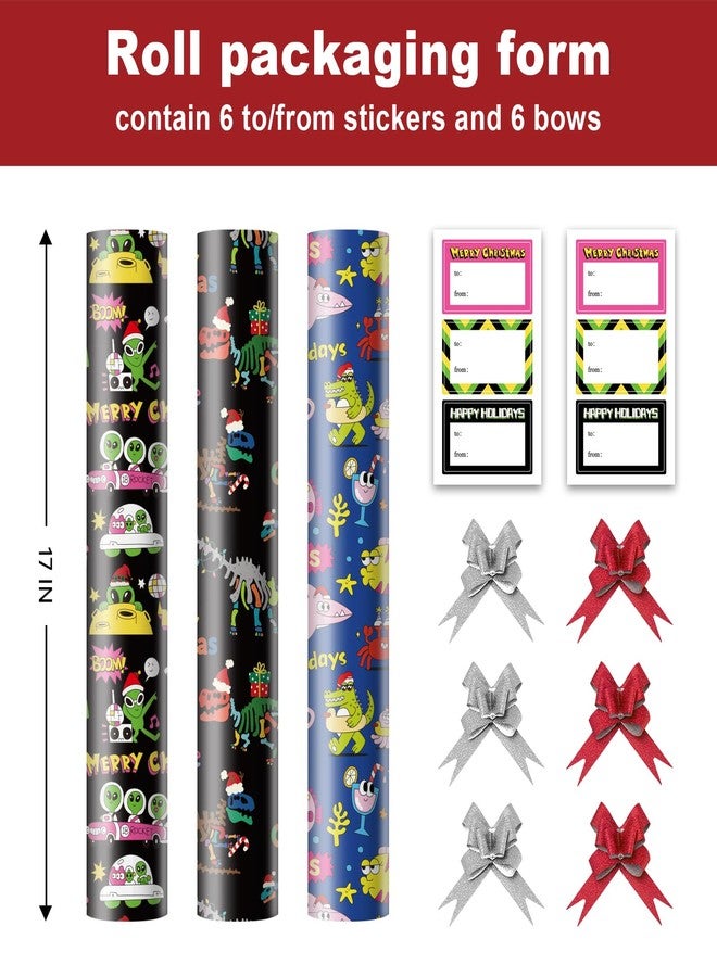 EWES Kids Christmas Wrapping Paper 3 Rolls Set, Black Blue Funny Heavy Duty Premium Gift Wrap, Pattern with Dinosaur,Alien,Marine animals,Stripes Reversible, Total 48.6sq.ft - Image 2